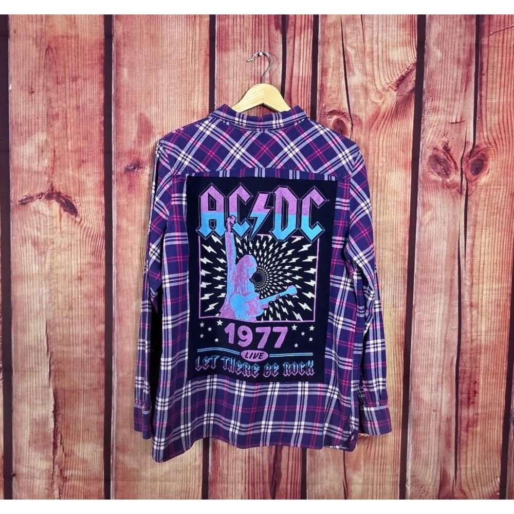 Upcycled AC DC Let There Be Rock Plaid Flannel Shirt L